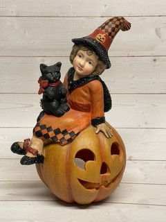 Bethany Lowe 10" Pumpkin Witch Girl With Black Cat Figurine Signed