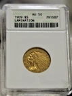 1909 US $5 Indian Gold Piece ANACS CACHE AU50