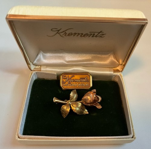 Vintage Krementz Jewelry Rose Pin Brooch 14kt Gold Overlay In Original Box - Picture 2 of 10