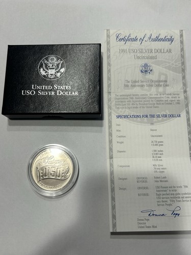 Unc 1991 USO United Service Organizations - US Commemorative 90% Silver Dollar - Picture 1 of 3
