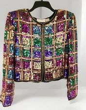 Vtg Laurence Kazar Silk Beaded Sequined Checkered Jacket Gold Multicolor Size S