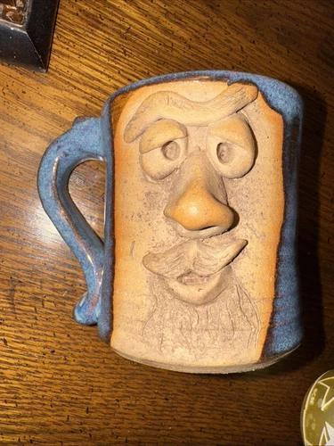 Pottery Ugly Face Coffee Mug Multi Blue Glaze Signed Vintage Studio Art Handmade