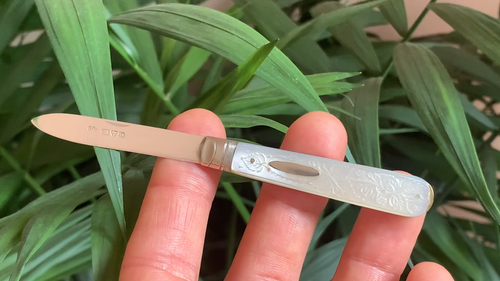 19th C. English Sterling Silver Mother of Pearl Fruit Pocket Folding Knife c1894 - Video 1 of 1