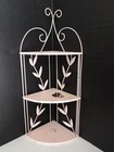 Vintage Metal 1950's Wire Corner 3 Tier Shelf, Pink w/ Leaves & Scroll Top 21.5"