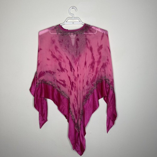 ADRIENNE LANDAU Pink Silk Watercolor Embroider Wrap Shawl Fairy Core Whimsigoth - Picture 4 of 5
