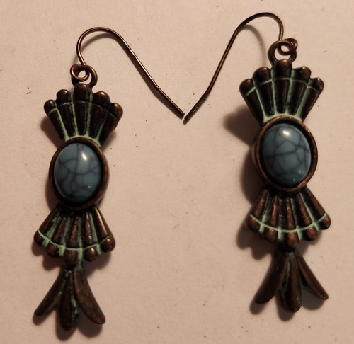 Turquoise Looking Stone Squash Blossom Pierced Earrings - Picture 3 of 4