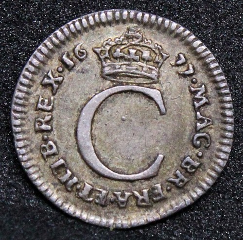 Grünpfennig 1677 umgekehrt G in GRATIA, ESC 2285, Bulle 723. Karl II VZ