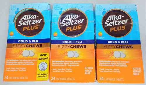 THREE Alka-Seltzer Plus Cold & Flu Fizzy Chews 24 Tablets Orange Flavor 6/26 - Picture 1 of 4