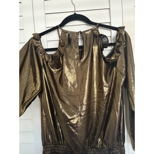 INC Cold Shoulder Gold Metallic Blouse Ruffle Long Sleeve Party Top Size M - Picture 5 of 10