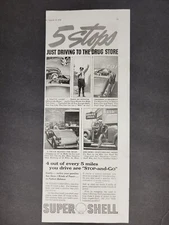 Shell Gasoline-5 Stops Just Driving to The Drug Store-Vintage Print Ad  1936