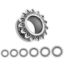 SILVER FLORAL Stainless Steel Ear Tunnels Piercing Jewellery Plug Guages TU173
