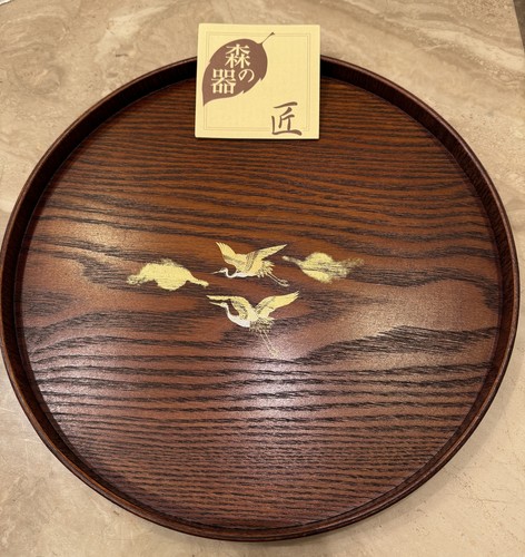 Japanese Lacquer Wooden Tray Round Handmade Urushi Finish Cranes Design Japan - Picture 3 of 7