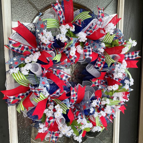 Watermelon Patriotic Summer Floral Memorial Day 4th of July Deco Mesh Wreath - Picture 2 of 6