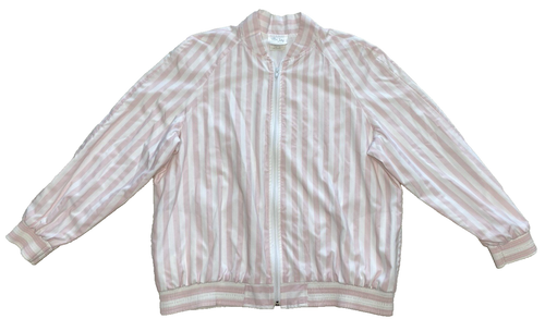 Vintage Tan Jay Pink White Candy Stripe Lightweight Bomber Jacket Womens 12 USA - Picture 1 of 7