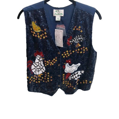 Vintage Chicken Lovers Sequin Vest   Rooster Beaded Sequined Top New - Picture 1 of 7