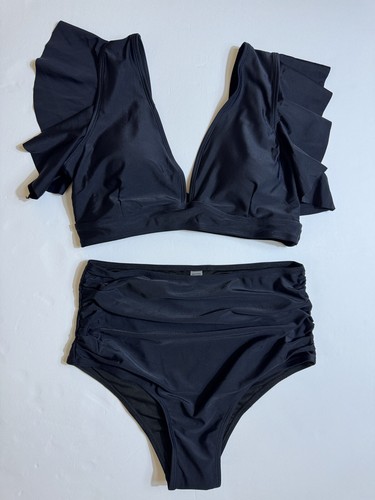 SPORLIKE Women Ruffle High Waist Swimsuit Two Pieces Push Up Black Bikini Size M - Picture 9 of 10