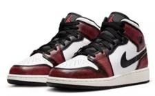 Kids GS 5Y-7Y Air Jordan 1 Mid SE Black Red Sail Wear Away Shoes FB0568 006