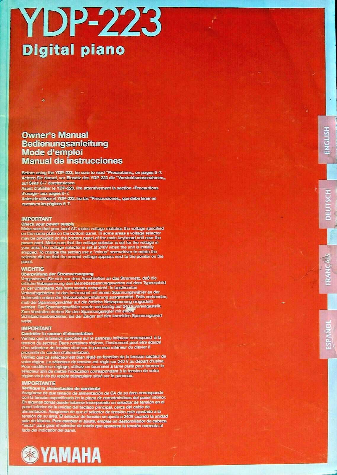 Yamaha YDP-223 Pianoforte Digitale Tastiera Elettronica Manuale d'Uso Originale Libretto.