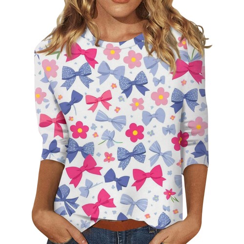 Women's Casual Round Neck Bowknot Printed Three-quarter Sleeve T-shirt Top - Picture 5 of 36