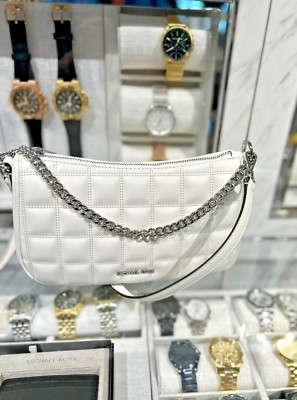 Michael Kors Carmela MD Pouchette Crossbody Bag Quilted Chain Strap -Optic White