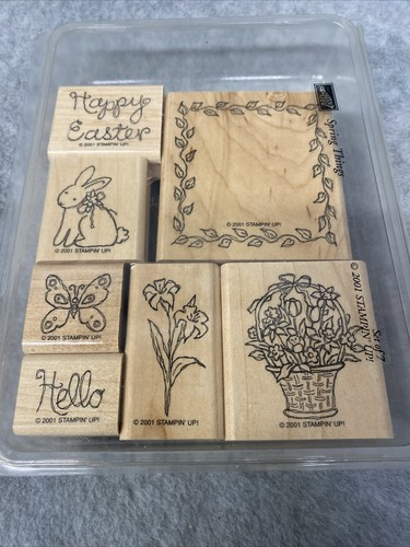 Stampin Up “Spring Things “Rubber Stamps Happy Easter Leaves Flowers Rabbit - Picture 3 of 3
