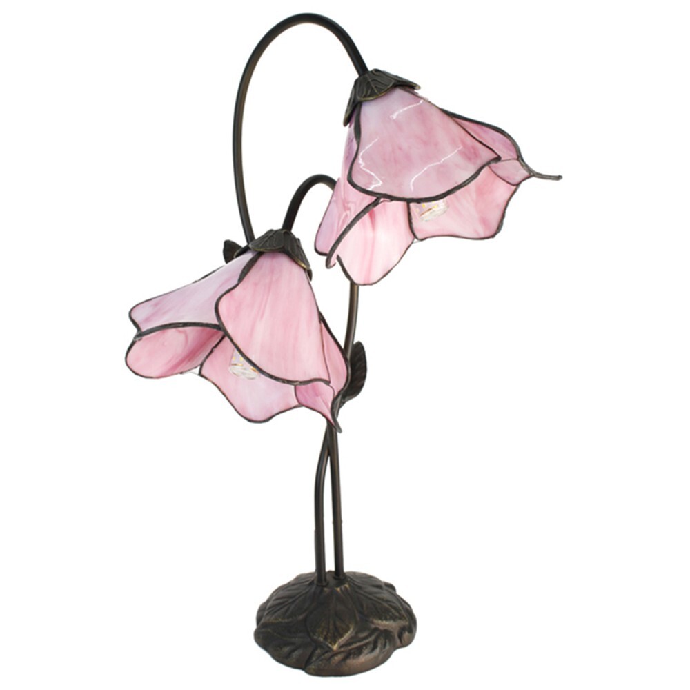 Twin Pink Lily Genuine Stained Glass Table Lamp Satin Bronze