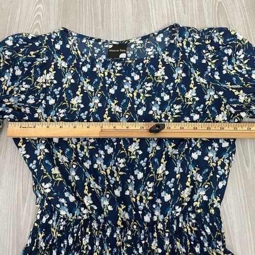 Maison Tara Floral Tiered Knee Length Fit & Flare Dress Blue Petite Women 8P - Picture 9 of 10
