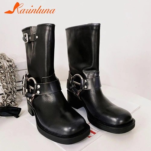 Thick High Heels Women Mid Calf Boots Punk Knee High Boots Buckle Comfy Boots - Picture 12 of 36