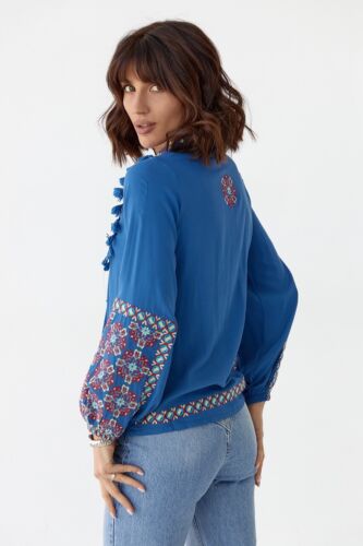 New Folk Nouveau Embroidered Blouse, Summer Vyshyvanka with Tussels - Picture 2 of 3