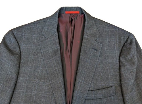Isaia Napoli 100% Wool Gray With Blue Check Men's Size 54L (US 44L) Italy - Picture 14 of 23