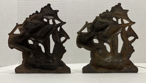 Vintage Cast Iron Gold Tone Galleon Pirate Ships Bookends - Picture 5 of 13