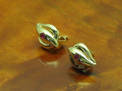 Pendientes De Oro Amarillo 14kt 585 Con Incrustaciones De Rubí / Aretes / 1,7g - Imagen 2 de 6