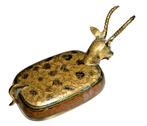VINTAGE IBEX FLORAL ENAMETED BRASS TRINKET LID ONLY - 4.25" X 3" - VG COND. - Picture 3 of 7