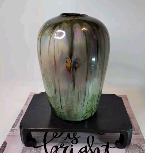 Fulpher Prang Round Top Vase 8" Brown & Crystalline Flambe Green Tones Vtg READ - Picture 5 of 19
