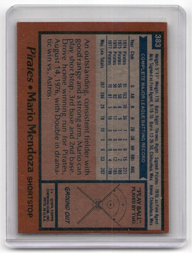 Mario Mendoza 1978 Topps #383 - K4686 - Picture 2 of 2