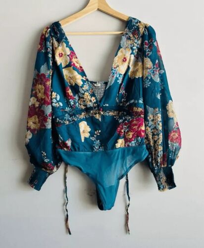 NWT Free People Wanderlust Floral Bodysuit Balloon Sleeve Retro 60s 70s Bohemian - Picture 3 of 5