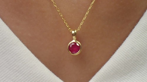 Round 1CT Natural Red Ruby Bezel Set Solitaire Layering Necklace 14K Yellow Gold - Picture 3 of 13