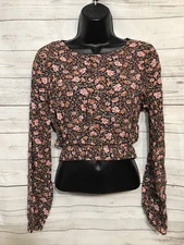 ELODIE Navy w/ Pink Floral Open Back Blouse-Size LARGE