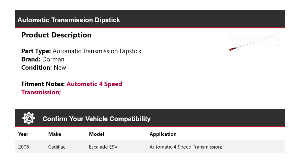 Varilla de medición de transmisión automática para Cadillac Escalade ESV Dorman 2006 Foto 2 de 4