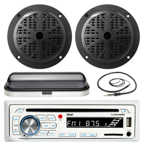Black 6.5" Marine Speakers, Radio Cover, Antenna,Pyle USB AUX Bluetooth Receiver - Picture 1 of 5