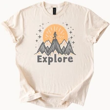 Explore Graphic Tee Hiking Mountain Shirt with Sunset and Star Design