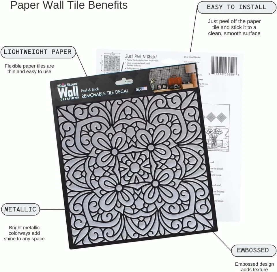 24 Pk 8x8" Silver Inked Peel & Stick Tiles, Backsplash,Metallic Decor Wallpaper - Image 4 of 4