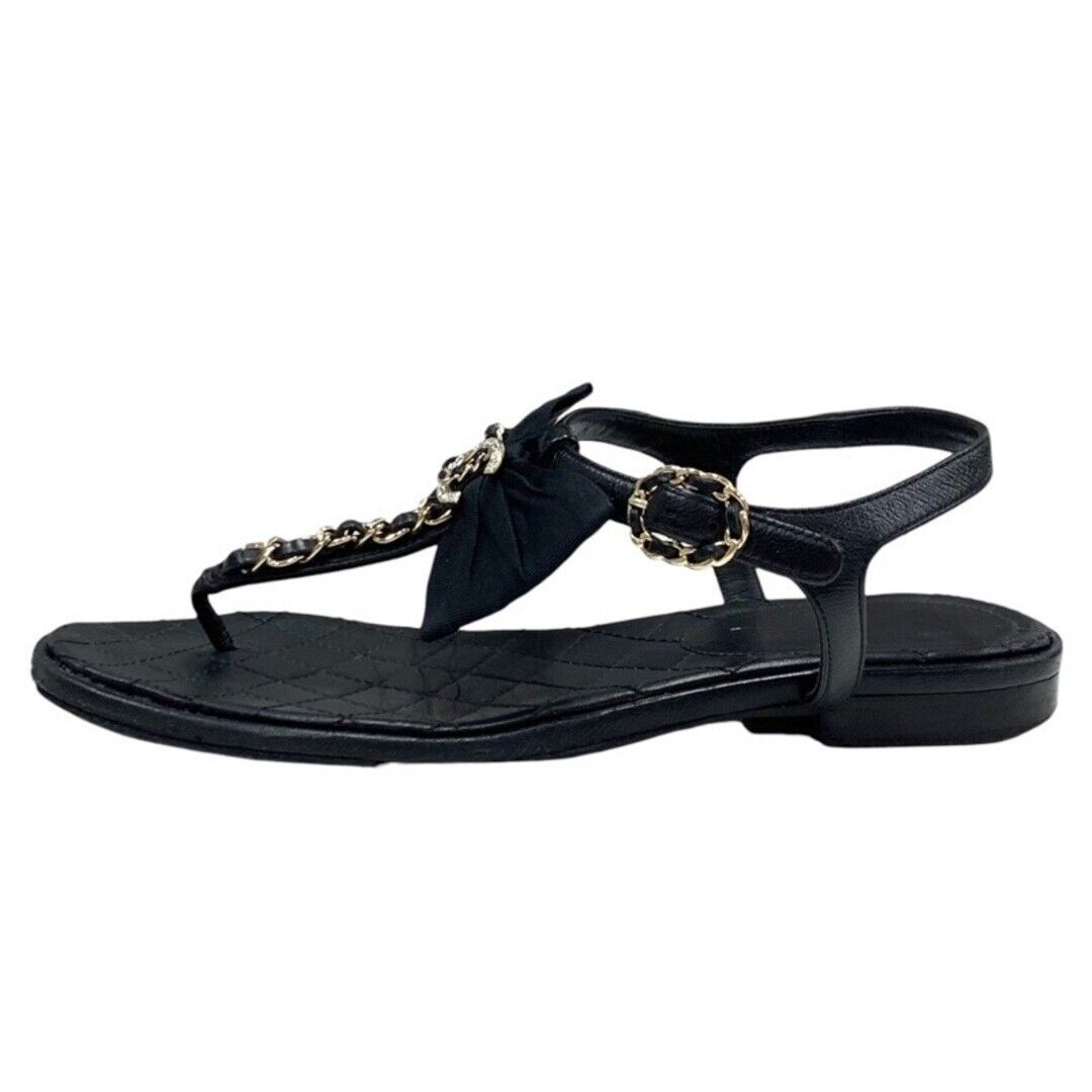 CHANEL Sandals Shoes Leather Black Gold Thong Sandals Size35 CHANEL Sandals Shoes Leather Black Gold Thong Sandals Size35