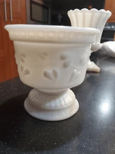 Milk Glass Planter  Pedestal Embossed Ivy and Heart