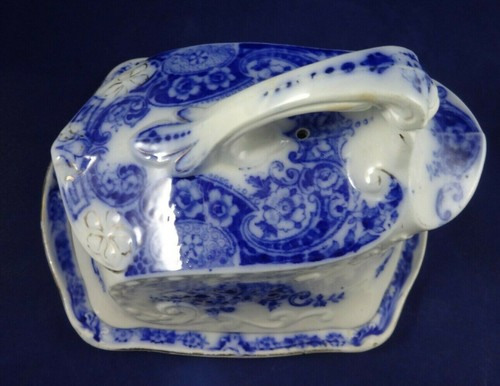 ANTIQUE ALFRED MEAKIN DEVON FLOW BLUE CHEESE KEEPER/DISH  - Picture 4 of 12
