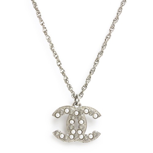CHANEL Coco Cc Logo Rhinestone Resin Pearls Pendant Necklace , Silver AB7342