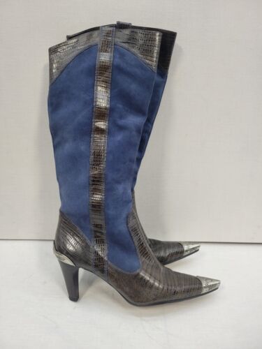 Blue Brown Leather Womens Cowboy Boots Cowgirl Western Sz 7.5 J Vincent Brazil - Afbeelding 1 van 11