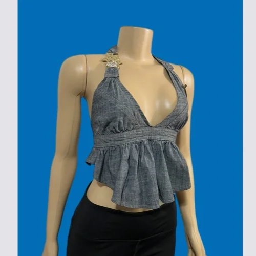 Apple Bottoms Vintage Impreziosito Metallizzato Apple Halter Top Denim Piccolo Nuovo - Foto 10 di 11
