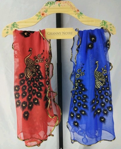 Women Peacock Sheer Wavy Chiffon Long Elegant Neck Scarf Set Of Two - Picture 1 of 23
