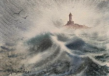 Original Painting Landscape Modern Artwork SKY WAVES LIGHTHOUSE Seascape Gift A5